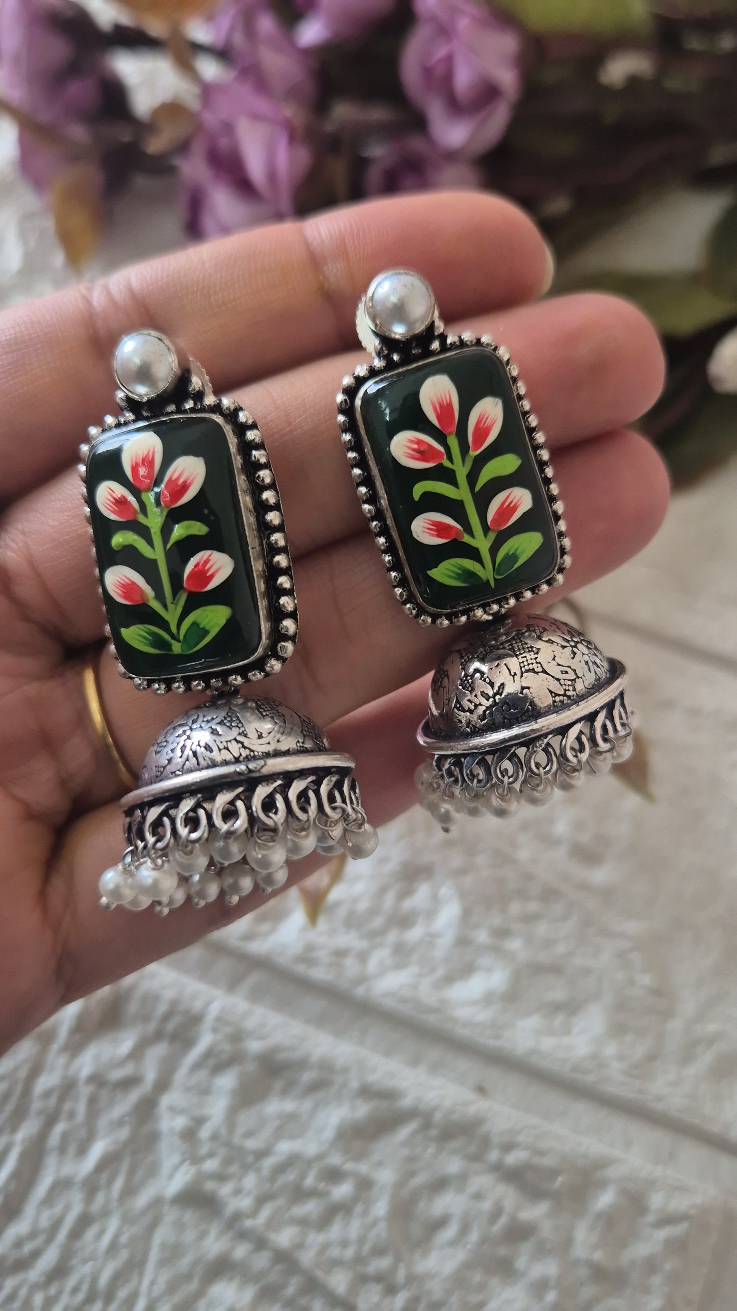 Green handpainted jhumka