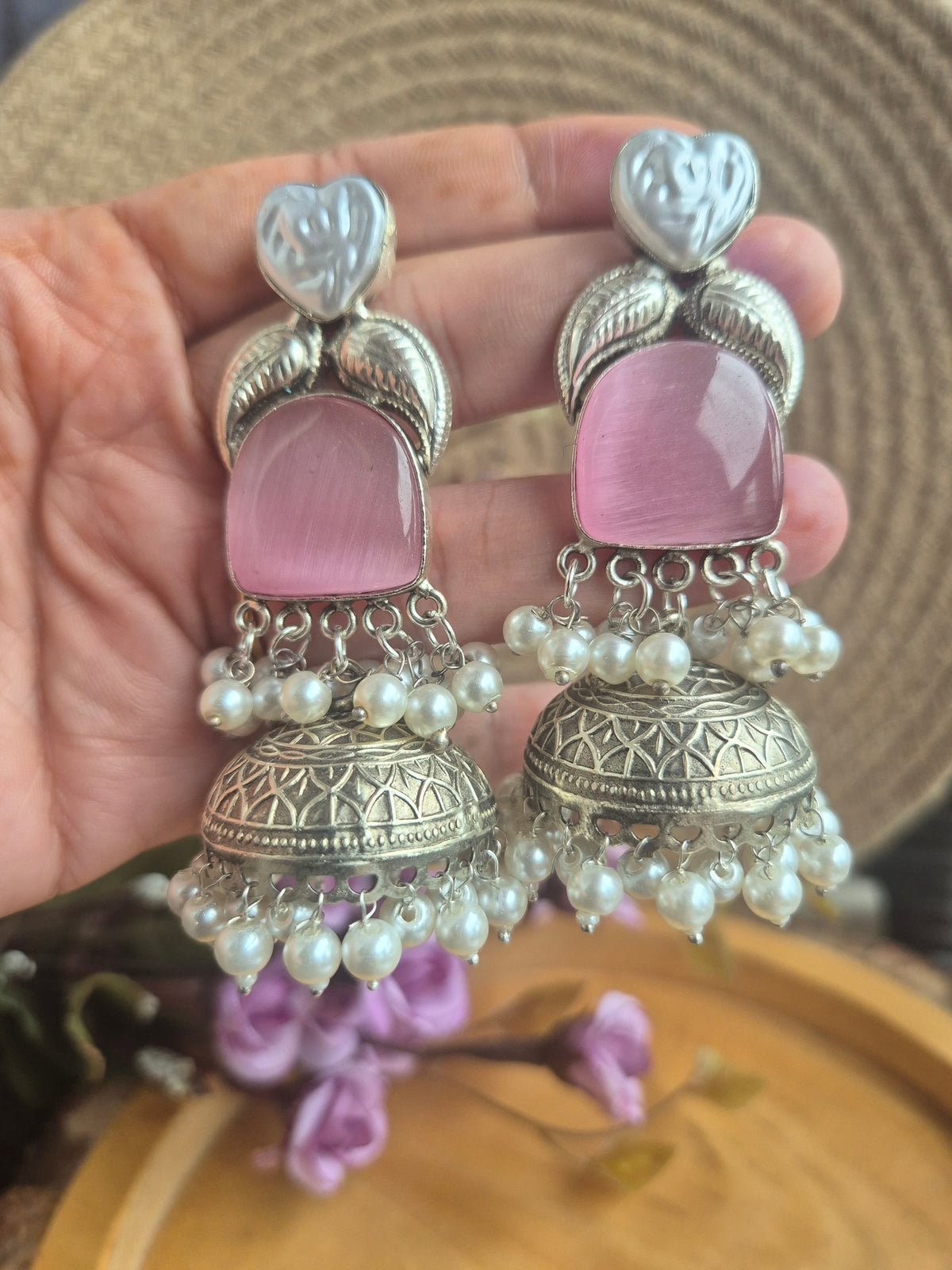 Silver replica pink jhumka