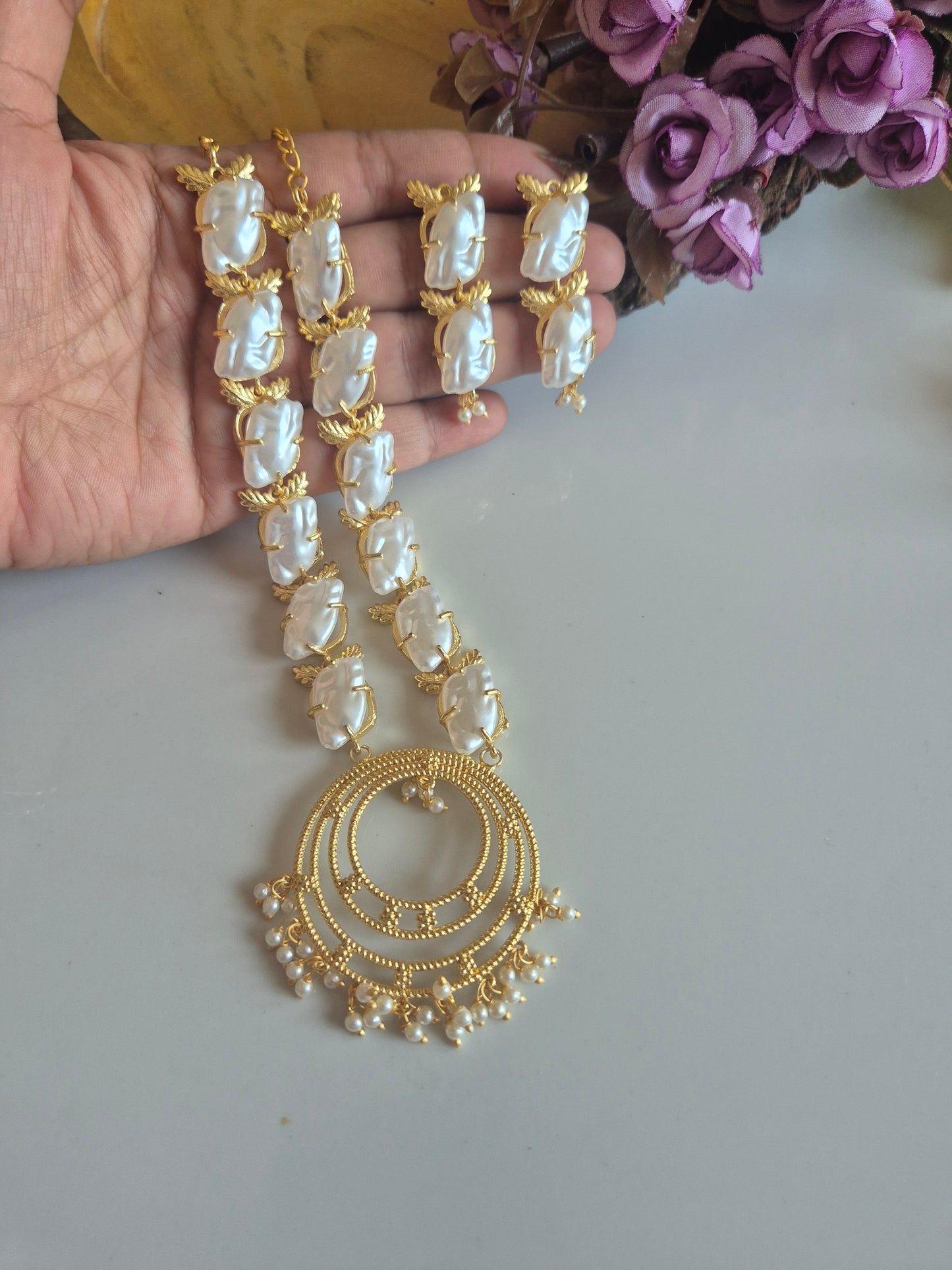 Brass  gold natural stone necklace