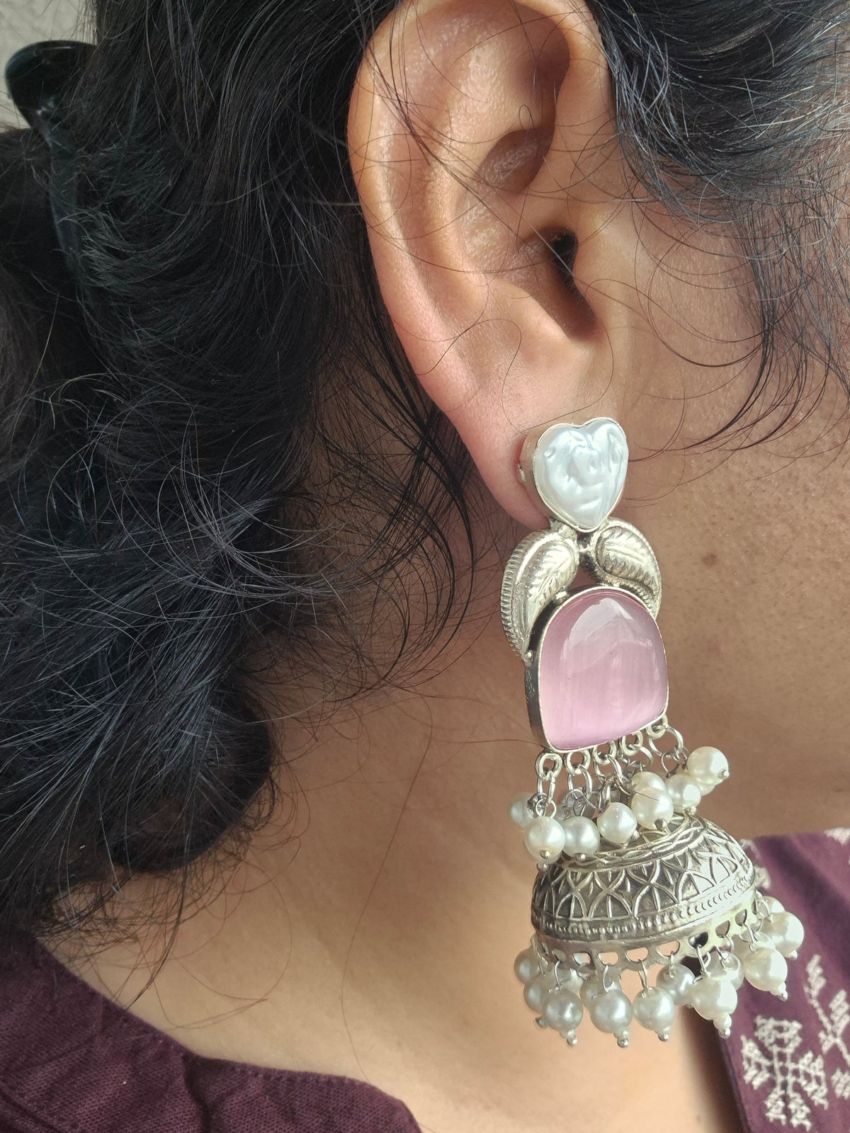 Silver replica pink jhumka